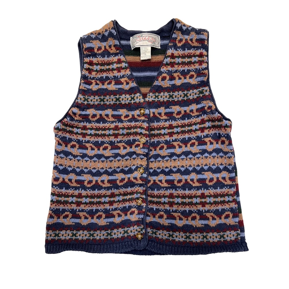 Vintage Nuggets Blue Fair Isle Striped Ramie Cotton Knit Sweater Vest M